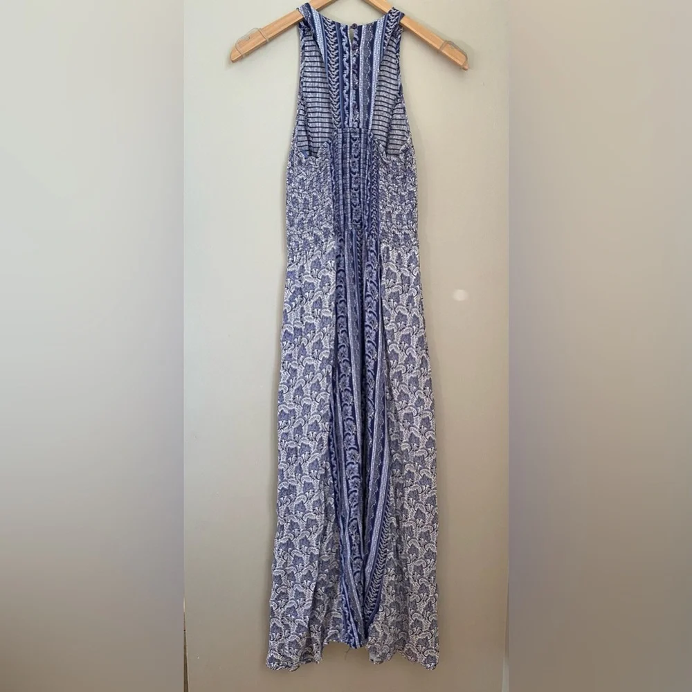 House of Harlow 1960 Smocked Maxi Dress Blue Print Size XS Resortwear Boho Beach - Picture 4 of 10